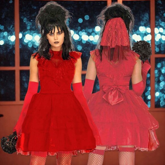 Beetle Bride Costume Womens Size L Red Wedding Dress and Veil - Picture 1 of 8